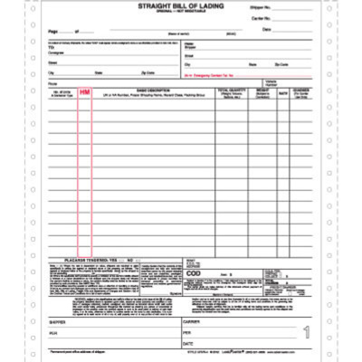 Straight Bill of Lading Form, Pin Feed, 4-Part, 8.5" x 11"
