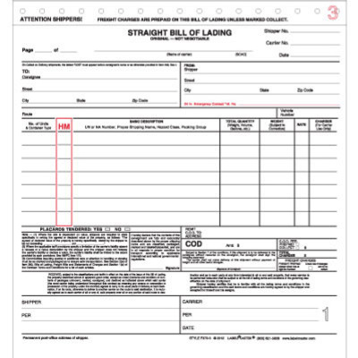 Straight Bill Of Lading Form, Snap Out, 3-Part, 8.5" x 8.5"