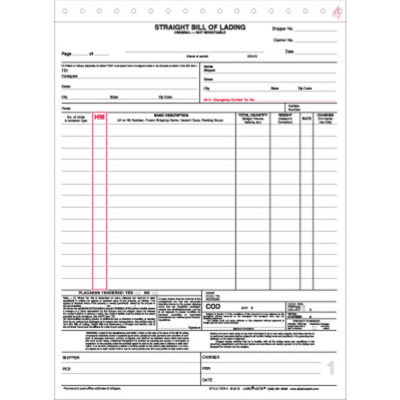 Straight Bill of Lading Form, Snap Out, 4-Pt, 8.5" x 11", Pers.