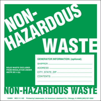 Non-Hazardous Waste Label, w/Generator Info, Stock PVC-Free Film
