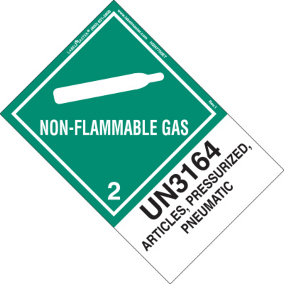 Non-Flammable Gas Label, UN3164 Articles, Pressurized, Pneumatic 