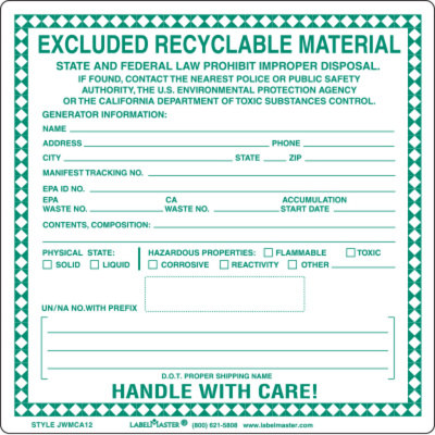 Excluded Recyclable Material Label for 12mm UN/NA, Paper, Pack of 100
