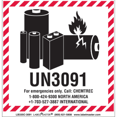 CHEMTREC UN3091 Lithium Battery Handling Marking, 100mm x 100mm, Paper