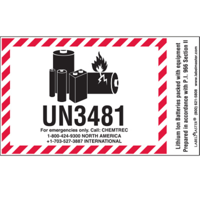 UN3481 Lithium Battery Handling Marking w/ Packaging Instructions, P.I. 966 Section II,102mm x 121mm, Paper