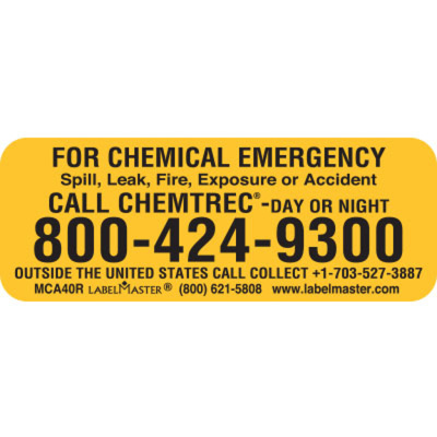Chemical Emergency Phone Number Decal, PVC-Free Film, 2" x 3/4"