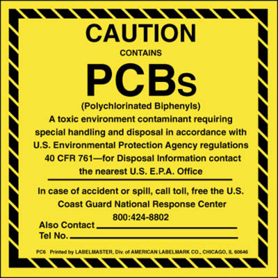 Caution Contains PCBs Label, 4" x 4"