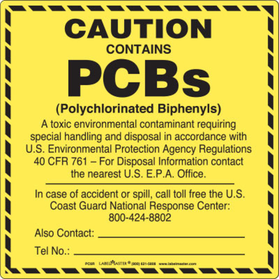 Caution Contains PCBs Label, 6" x 6"