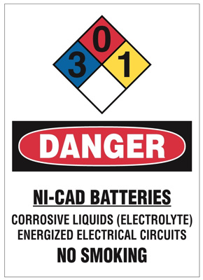 Verizon Danger,Ni-Cad Batteries, No Smoking w/ NFPA Ratings, Sign, 10" x 14", Permanent Adhesive Dura-Vinyl