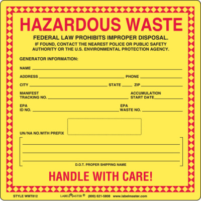 Standard Waste Label for 12mm UN/NA, PVC-Free Film, 6" x 6", Roll of 100